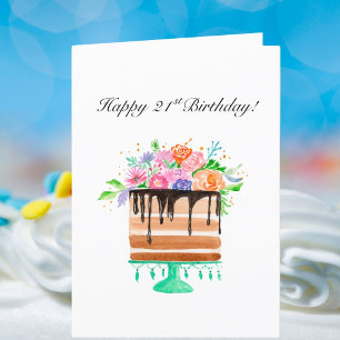 Waterverf Bloemencake Gelukige 21e Verjaardag  Feestdagen Kaart