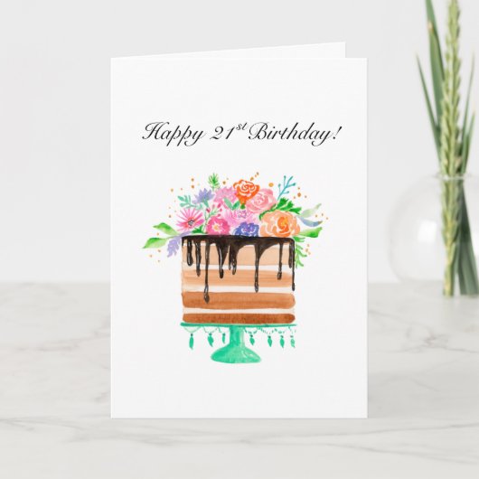 Waterverf Bloemencake Happy 21st Birthday Feestdagen Kaart (Voorkant)