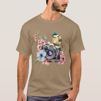 Waterverf Bloemencamera Met Vogelvrienden T-shirt