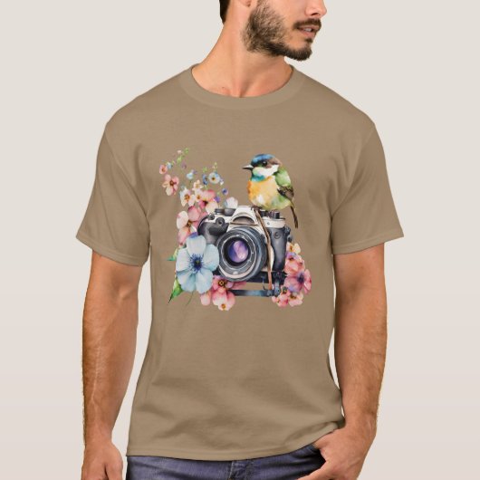 Waterverf Bloemencamera Met Vogelvrienden T-shirt (Voorkant)