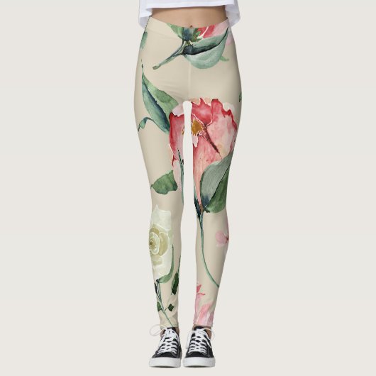  waterverf Bloemencrème actief-draag Leggings (Voorkant)