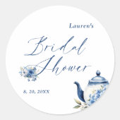 Waterverf Bloemendans Blauw Thee Feest Bruids Brui Ronde Sticker (Voorkant)