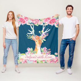 Waterverf Bloemendesign met Herten en Geweien, Mar Fleece Deken