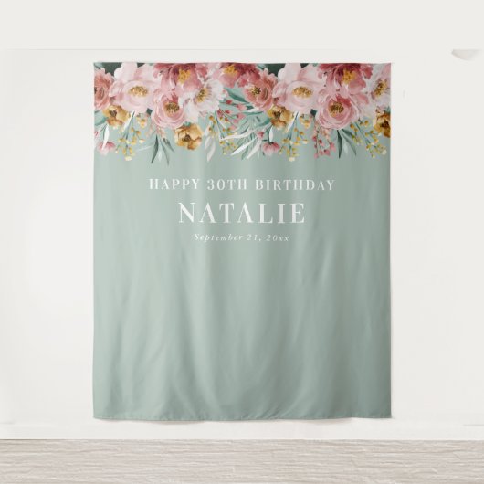 Waterverf bloemendraperie 30e verjaardag blauw chi wandkleed (Voorkant)