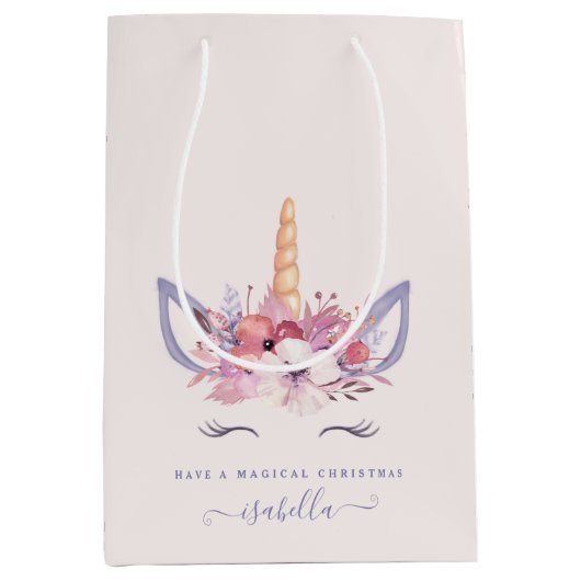 Waterverf bloemeneenhoorn gezicht kerst medium cadeauzakje (Voorkant)