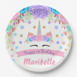 Waterverf Bloemeneenhoorn Gezicht Verjaardagsfeest Papieren Bordje