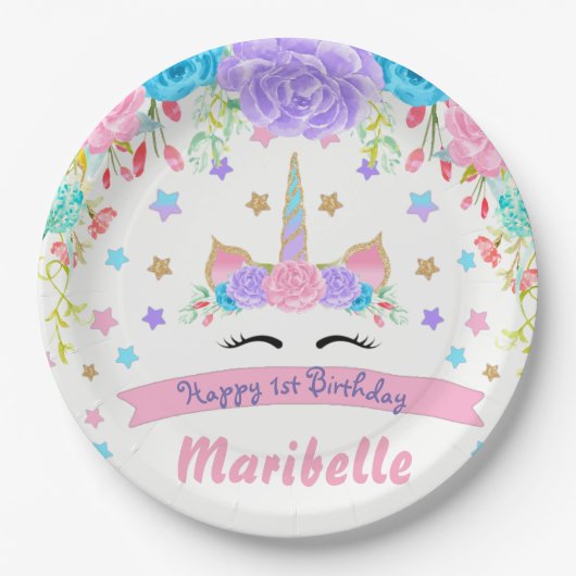 Waterverf Bloemeneenhoorn Gezicht Verjaardagsfeest Papieren Bordje (Voorkant)