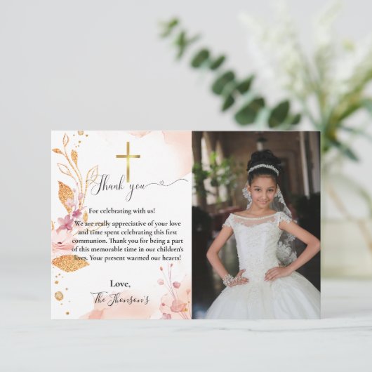 Waterverf bloemeneerste communie bedankje kaart (Staand voorkant)