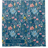 Waterverf bloemenfamilienaam gepersonaliseerd blau douchegordijn (Voorkant)