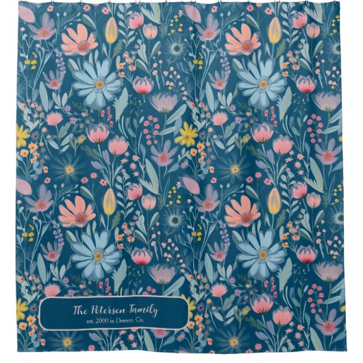 Waterverf bloemenfamilienaam gepersonaliseerd blau douchegordijn (Voorkant)