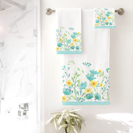 Waterverf Bloemengrens Turquoise Bad Handdoek