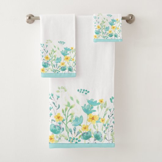 Waterverf Bloemengrens Turquoise Bad Handdoek (Insitu)