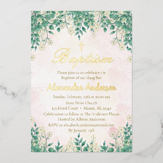 Waterverf Bloemengroen doop voor meisjes Folie Uitnodiging (Voorkant)