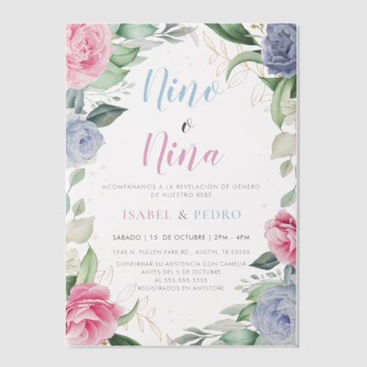 Waterverf Bloemengroen Spaans Geslacht Reveal Vellum Uitnodigingen (Voorkant)