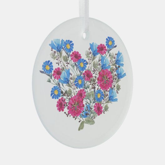 Waterverf bloemenhart, heldere wilde bloemen arran glas ornament (Voorkant Rechts)
