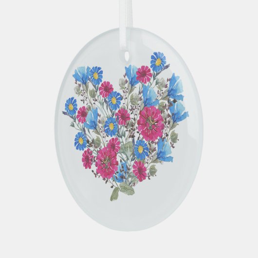 Waterverf bloemenhart, heldere wilde bloemen arran glas ornament (Voorkant links)