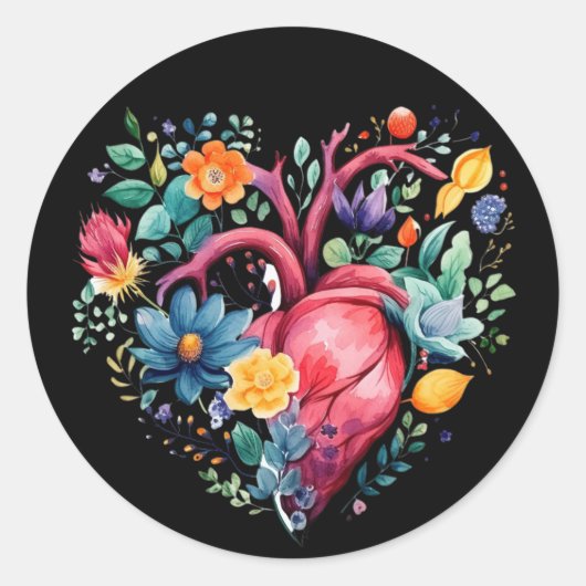 Waterverf bloemenhart ronde sticker (Voorkant)
