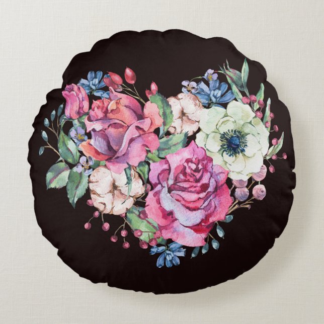 Waterverf bloemenhart:  rozen. rond kussen (Voorkant)