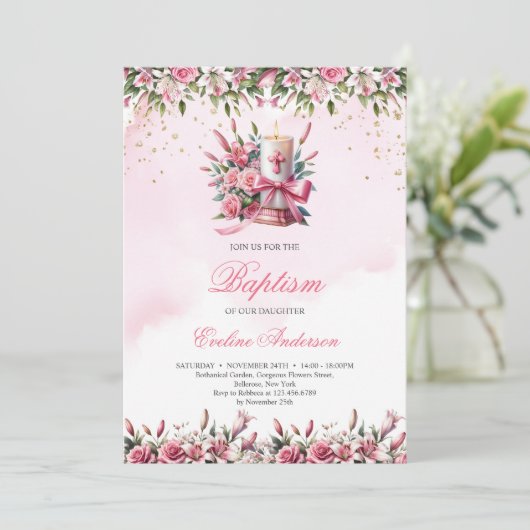 Waterverf bloemenkaarsen en rozen Doop Kaart (Staand voorkant)