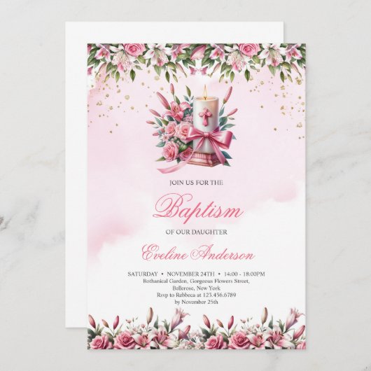 Waterverf bloemenkaarsen en rozen Doop Kaart (Voorkant / Achterkant)