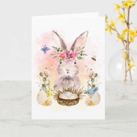 Waterverf Bloemenkabouter Konijn Wenskaart Kaart (Gele Bloem)