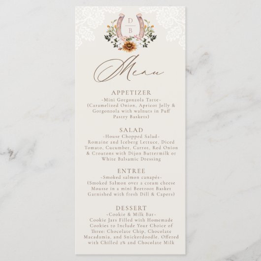 Waterverf Bloemenkant Western Hoefijzer Monogram Menu (Voorkant)