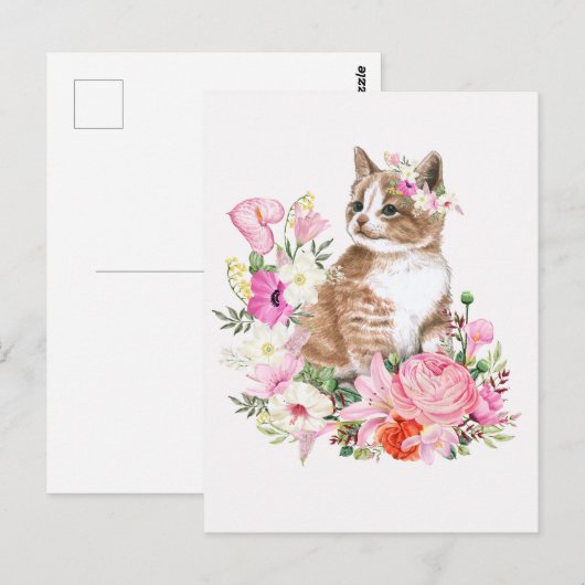 Waterverf bloemenkat briefkaart (Voorkant / Achterkant)