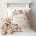 Waterverf bloemenkrans | Geboortestatistieken voor Kussen<br><div class="desc">Dit mooie en trendy baby-geboortestatistiekkussen heeft een strakke witte achtergrond met subtiele roze stippen en een prachtige bloemenkrans vol waterverven in tinten van roze, ivoor, wit en perzik met veel groene en blauwgroen bladeren. Voeg naam of monogram, geboortedatum en alle statistieken toe voor een kostbare aandenken die de kamer van...</div>