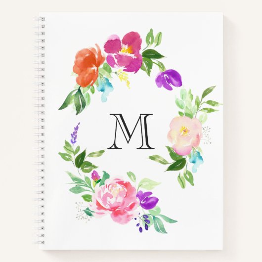 Waterverf bloemenkrans gepersonaliseerd monogram notitieboek (Voorkant)