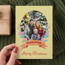 Waterverf Bloemenkrans Gouden Foto Kerst Feestdagenkaart