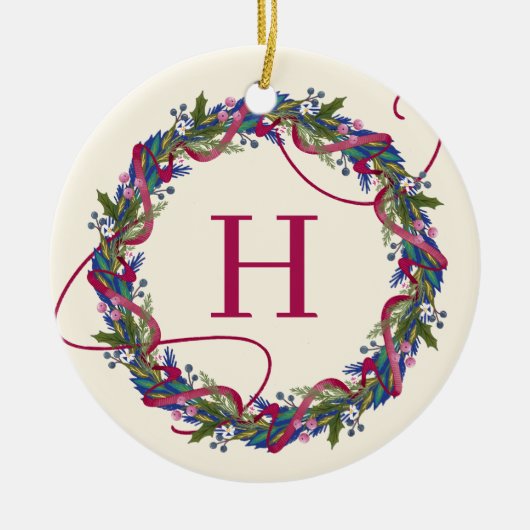 Waterverf Bloemenkrans Initiaal Kerst Keramisch Ornament (Voorkant)