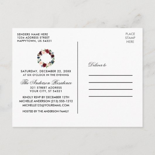 Waterverf Bloemenkrans Kerstfeest Uitnodiging (Achterkant)