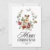 Waterverf Bloemenkrans met Hondenvrolijk kerstfees Feestdagenkaart (Voorkant)