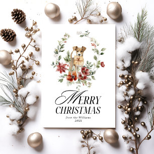 Waterverf Bloemenkrans met Hondenvrolijk kerstfees Feestdagenkaart