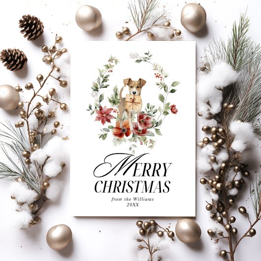 Waterverf Bloemenkrans met Hondenvrolijk kerstfees Feestdagenkaart