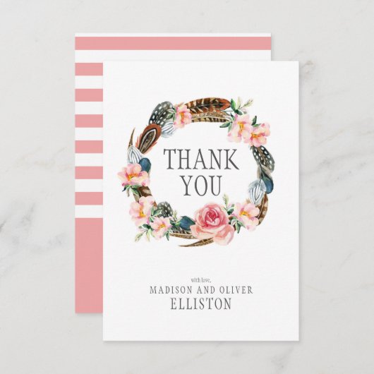 Waterverf Bloemenkrans met veren | Dank u Bedankkaart (Voorkant / Achterkant)