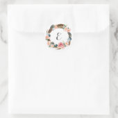 Waterverf Bloemenkrans met veren | Monogram Ronde Sticker (Tas)