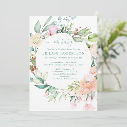 Waterverf bloemenkrans Oh Baby Pastel Shower Kaart (Staand voorkant)