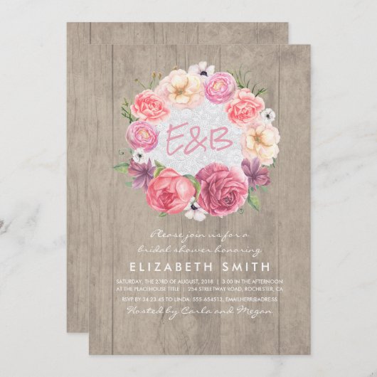 Waterverf Bloemenkrans Rustiek Hout Vrijgezellenfe Kaart (Voorkant / Achterkant)