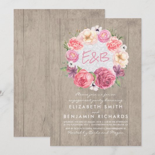 Waterverf Bloemenkrans Rustieke Engagement Party Kaart (Voorkant / Achterkant)