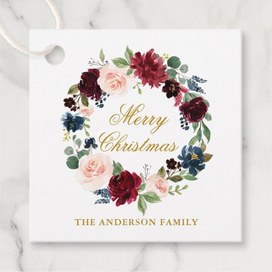 Waterverf bloemenkrans Vrolijk kerstgoud Bedankjes Labels (Voorkant)