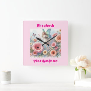 Waterverf bloemenkroon feeënprinses typografie roz vierkante klok