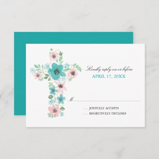 Waterverf Bloemenkruis Eerste Heilige Communie RSVP Kaartje (Voorkant / Achterkant)