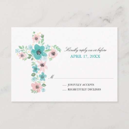 Waterverf Bloemenkruis Eerste Heilige Communie RSVP Kaartje (Voorkant)