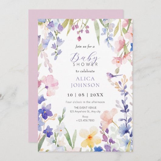 Waterverf bloemenlente baby shower Uitnodiging (Voorkant / Achterkant)