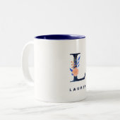 Waterverf Bloemenletter L Navy Blue Monogram Tweekleurige Koffiemok (Voorkant links)