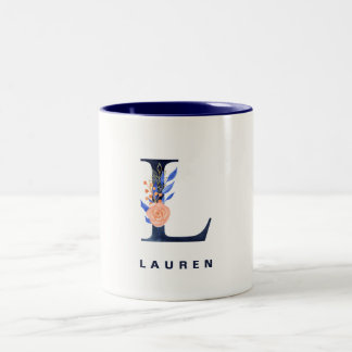 Waterverf Bloemenletter L Navy Blue Monogram Tweekleurige Koffiemok