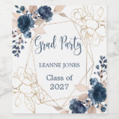 Waterverf bloemenmarine blauw & gouden Afstuderen Wijn Etiket (Enkel label)