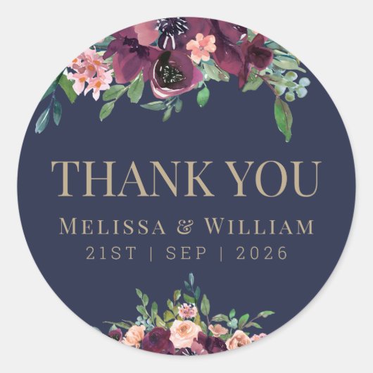 Waterverf Bloemenmarine bruiloft dank u Ronde Sticker (Voorkant)