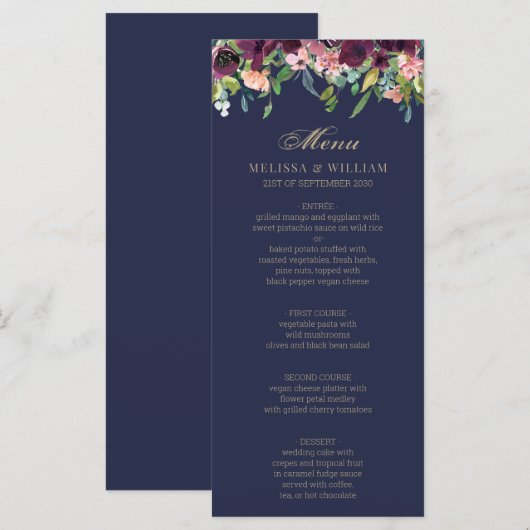 Waterverf Bloemenmarine bruiloft Menu (Voorkant / Achterkant)